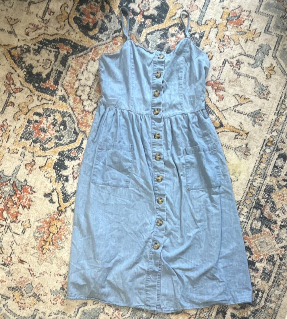 J for Justify Blue Denim Sundress L V-Neck Button Front Strappy Midi Pockets